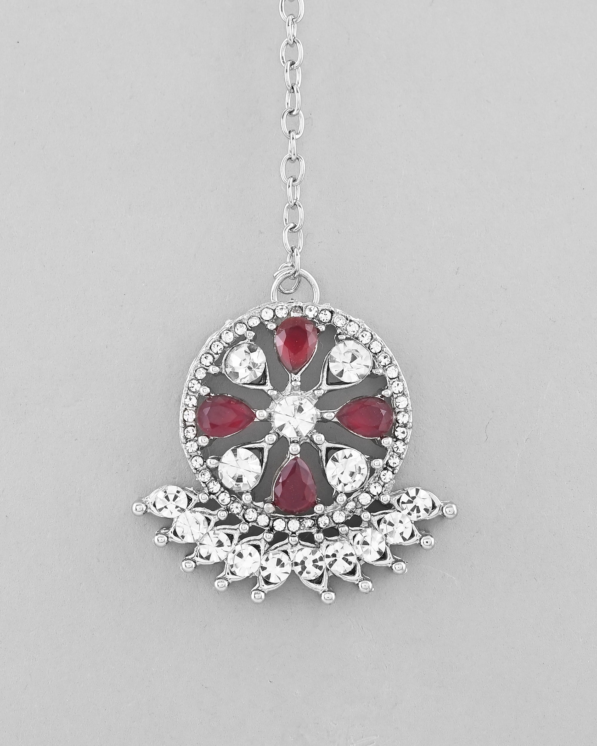VOJ Silver Plated Pink AD Stone Studded Designer Jewellery Set With Mangtikka