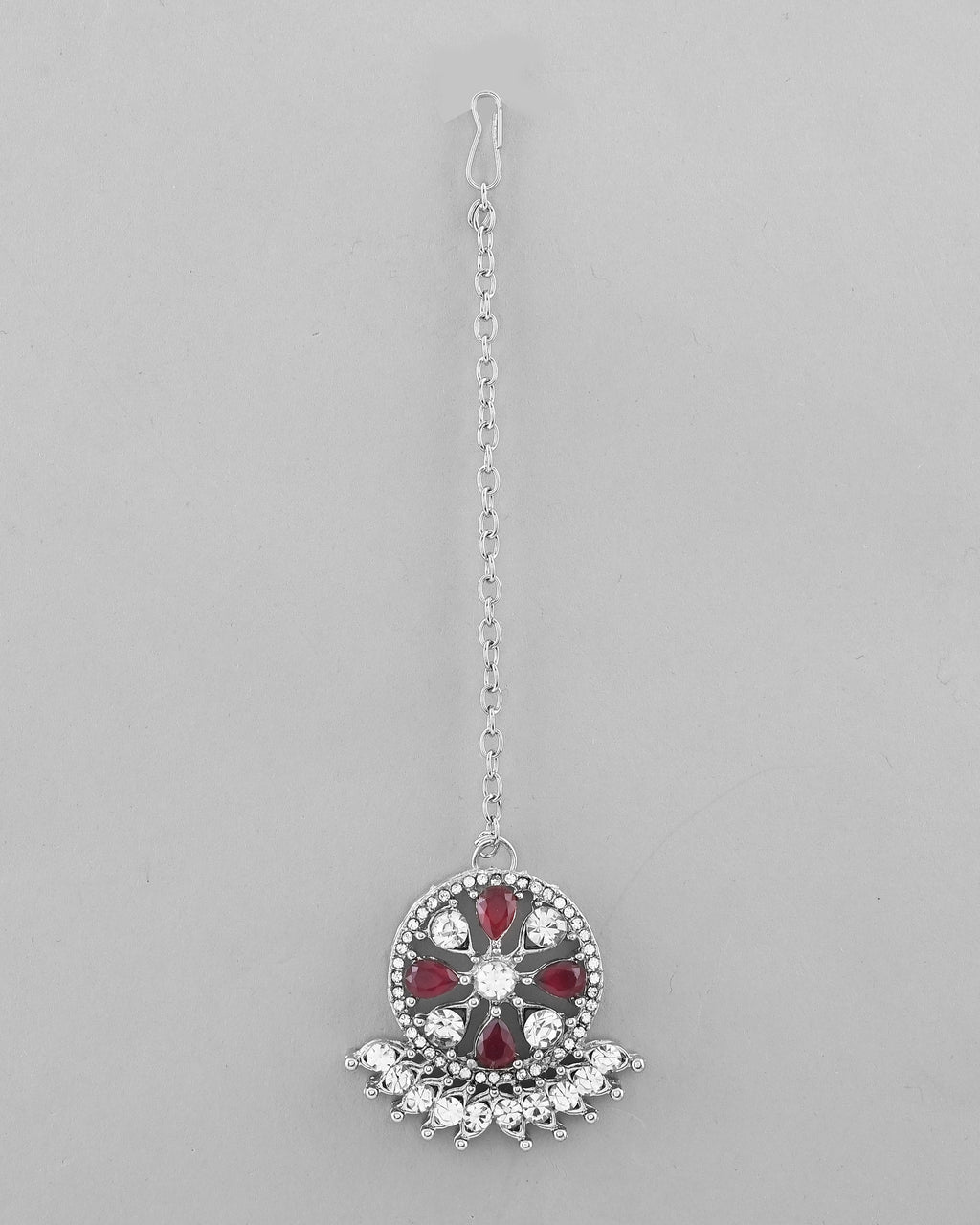 VOJ Silver Plated Pink AD Stone Studded Designer Jewellery Set With Mangtikka