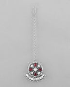VOJ Silver Plated Pink AD Stone Studded Designer Jewellery Set With Mangtikka