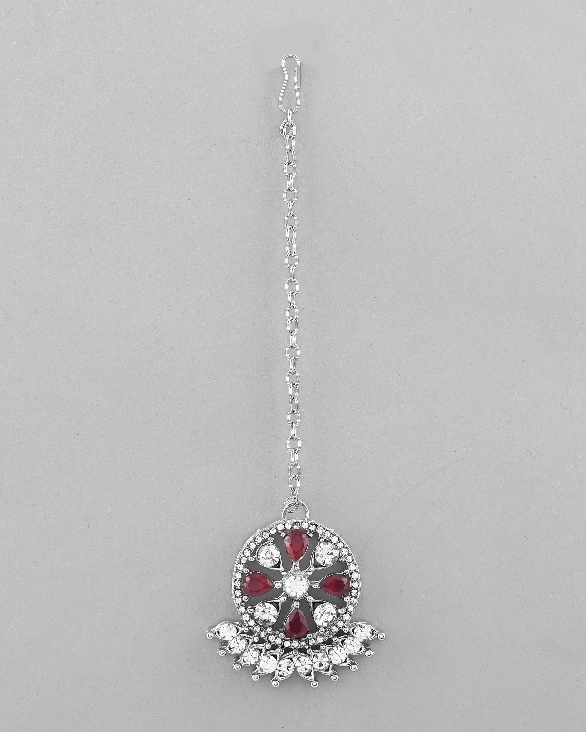 VOJ Silver Plated Pink AD Stone Studded Designer Jewellery Set With Mangtikka