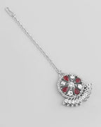 VOJ Silver Plated Pink AD Stone Studded Designer Jewellery Set With Mangtikka