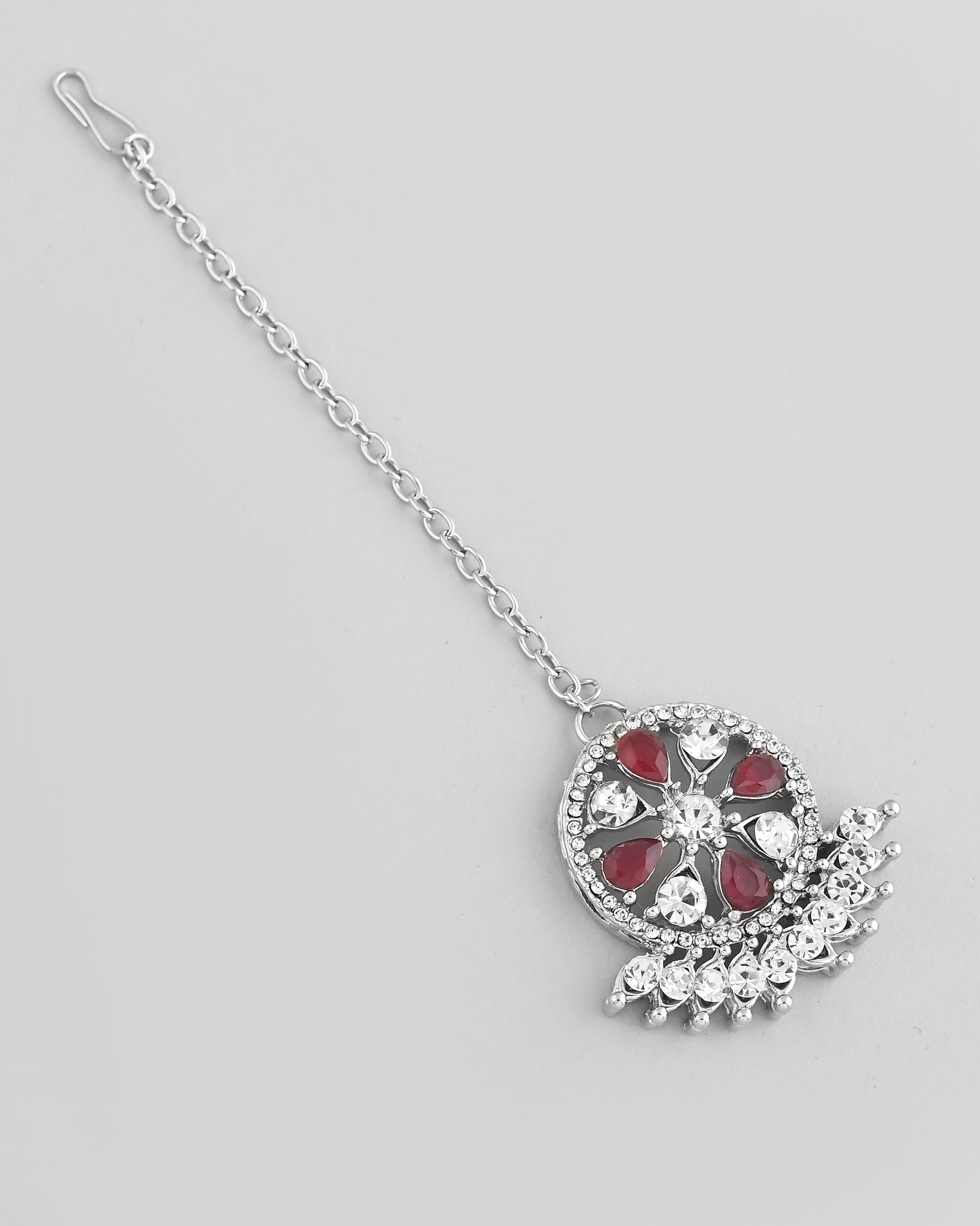 VOJ Silver Plated Pink AD Stone Studded Designer Jewellery Set With Mangtikka