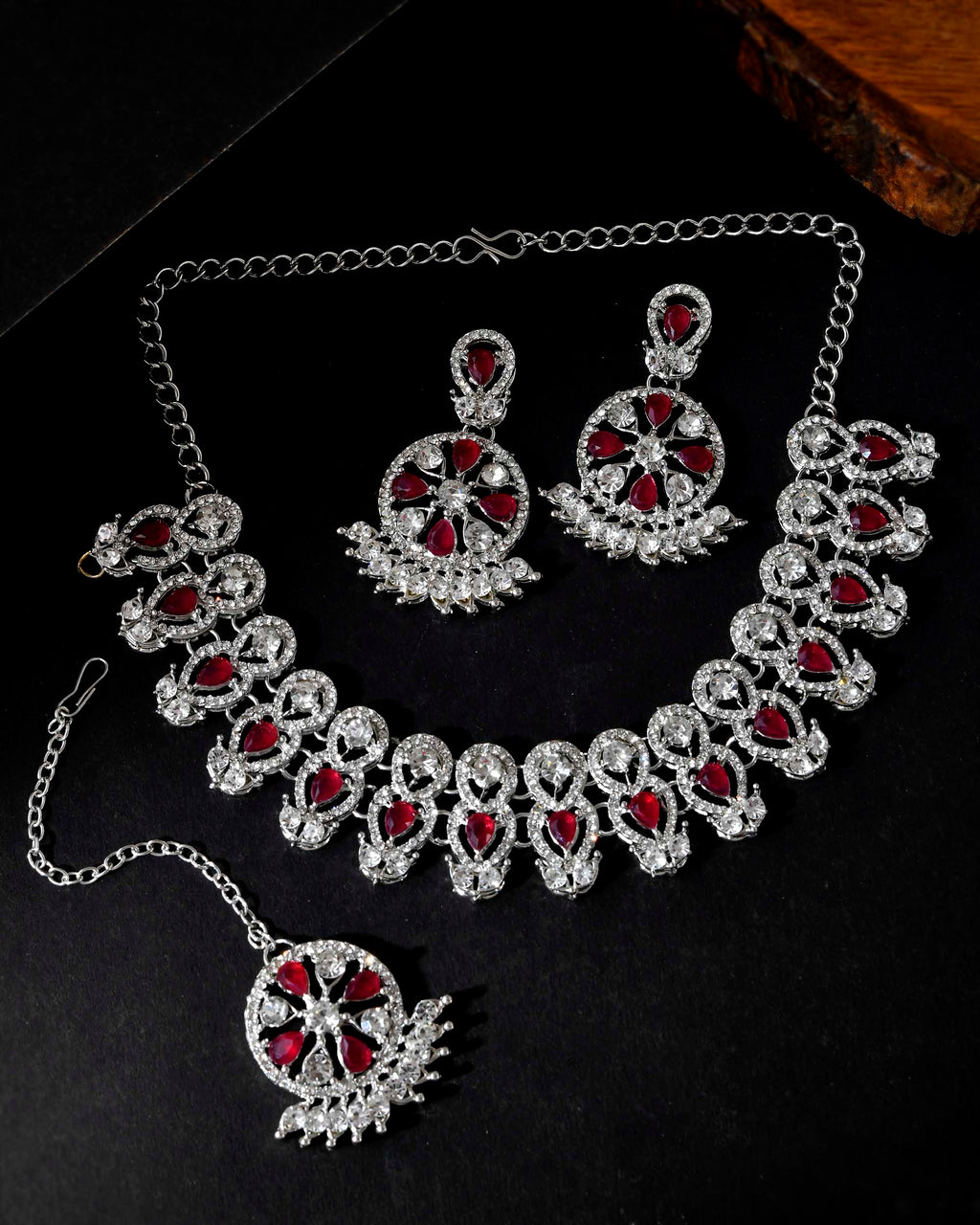 VOJ Silver Plated Pink AD Stone Studded Designer Jewellery Set With Mangtikka