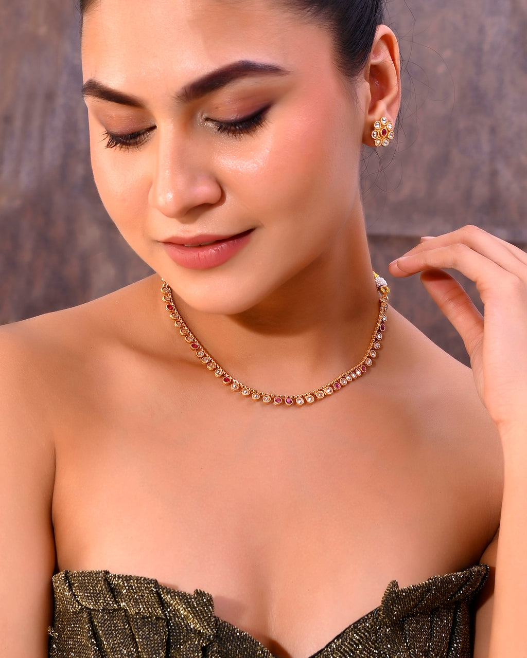 VOJ Gold-Polished Designer Handcrafted Necklace With Earrings