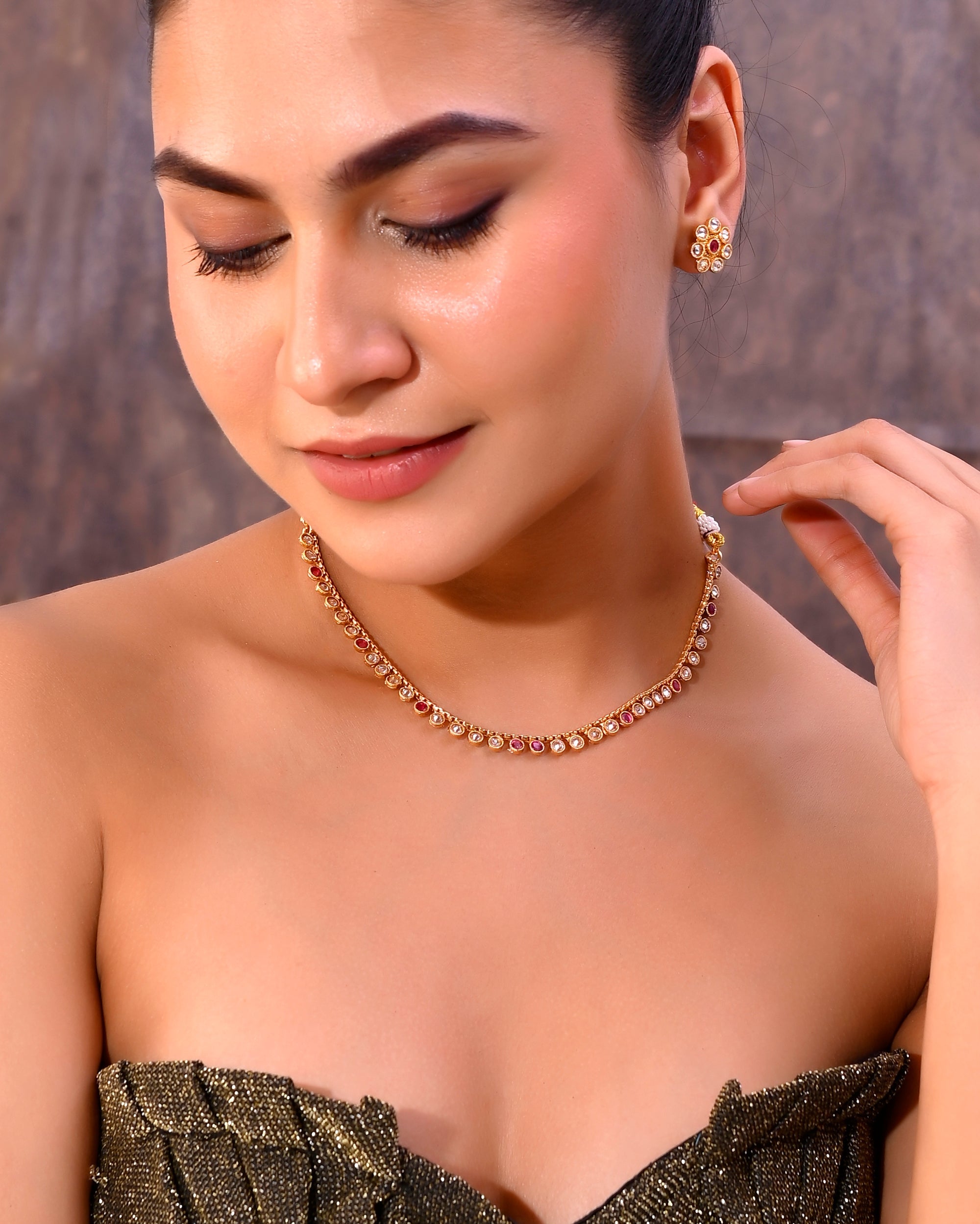 VOJ Gold-Polished Designer Handcrafted Necklace With Earrings