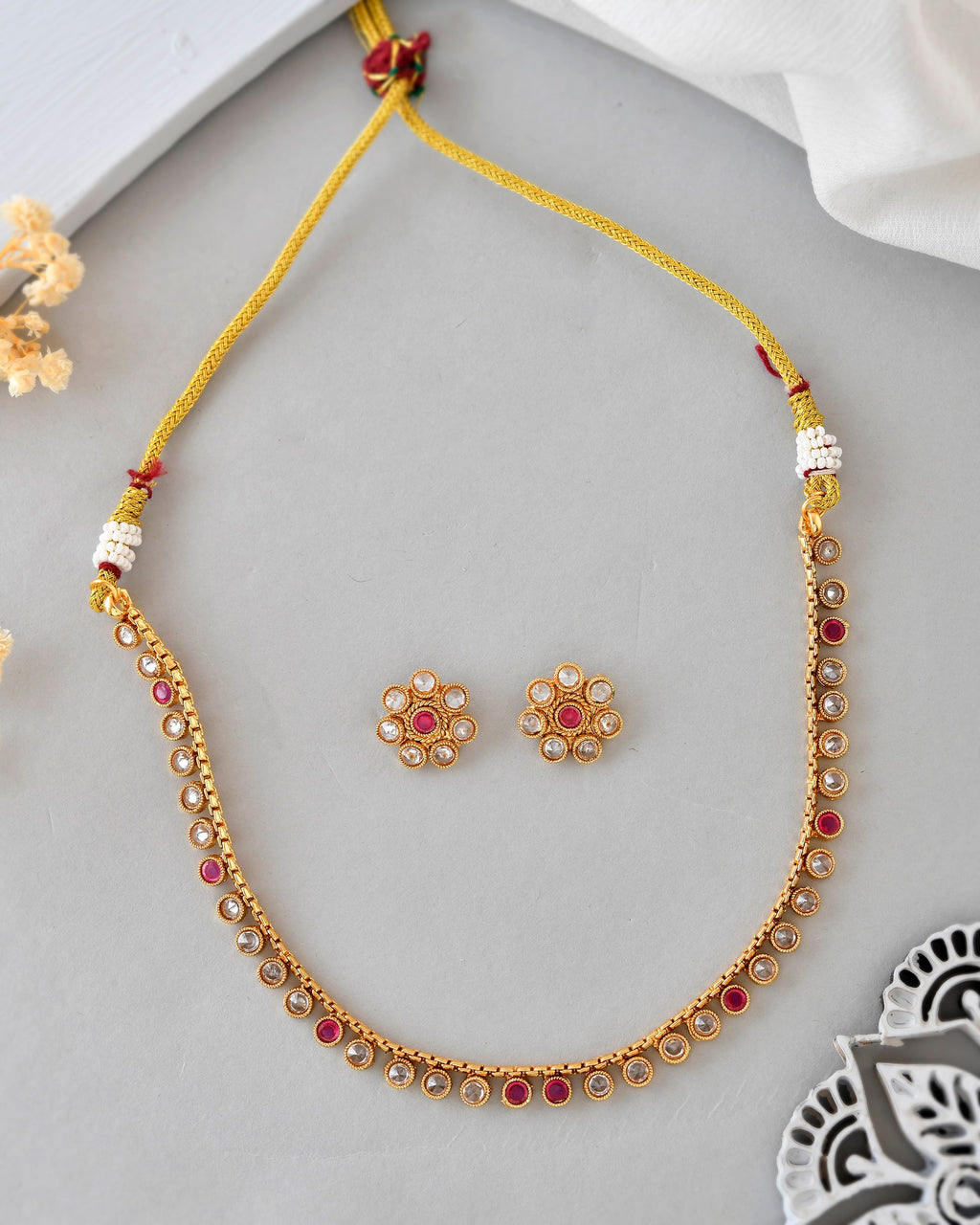 VOJ Gold-Polished Designer Handcrafted Necklace With Earrings