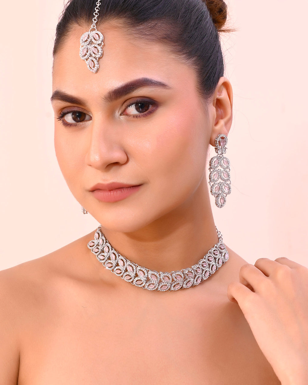 VOJ Silver Plated Baby Pink AD Stone Studded Designer Jewellery Set With Mangtikka