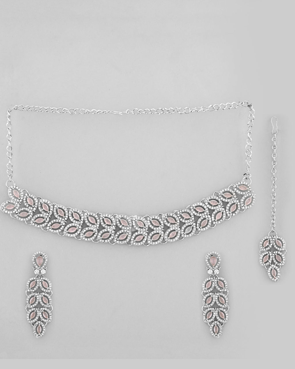 VOJ Silver Plated Baby Pink AD Stone Studded Designer Jewellery Set With Mangtikka