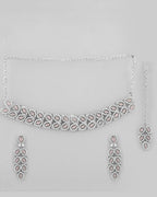 VOJ Silver Plated Baby Pink AD Stone Studded Designer Jewellery Set With Mangtikka