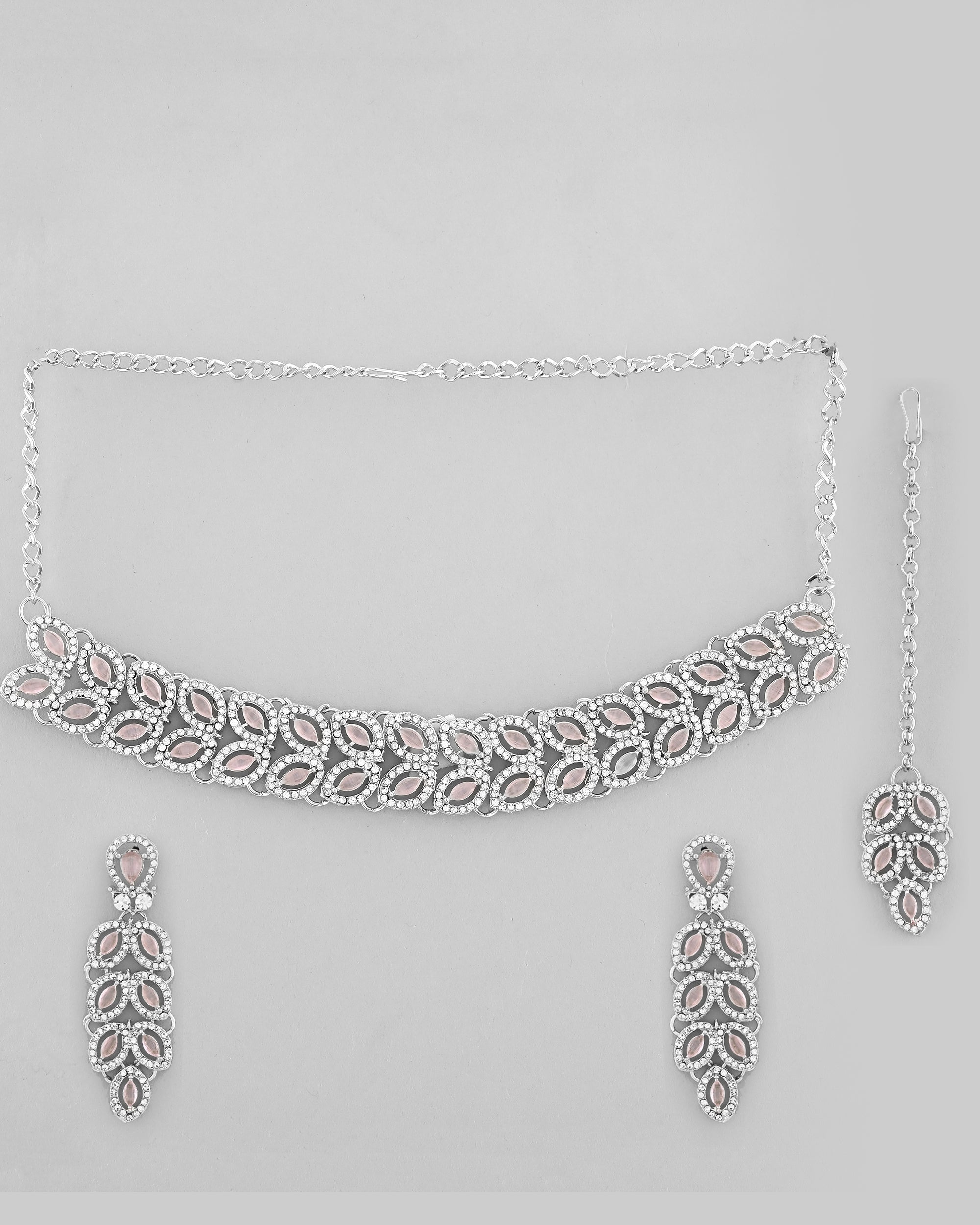 VOJ Silver Plated Baby Pink AD Stone Studded Designer Jewellery Set With Mangtikka