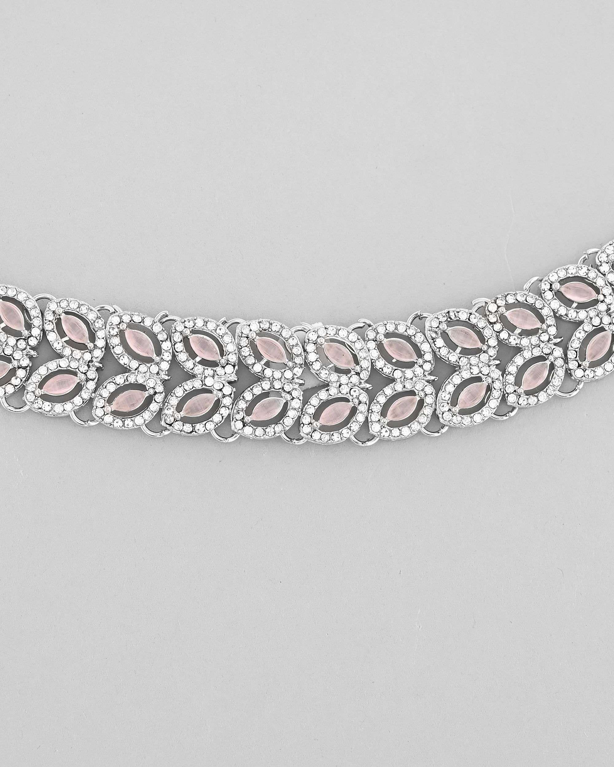 VOJ Silver Plated Baby Pink AD Stone Studded Designer Jewellery Set With Mangtikka