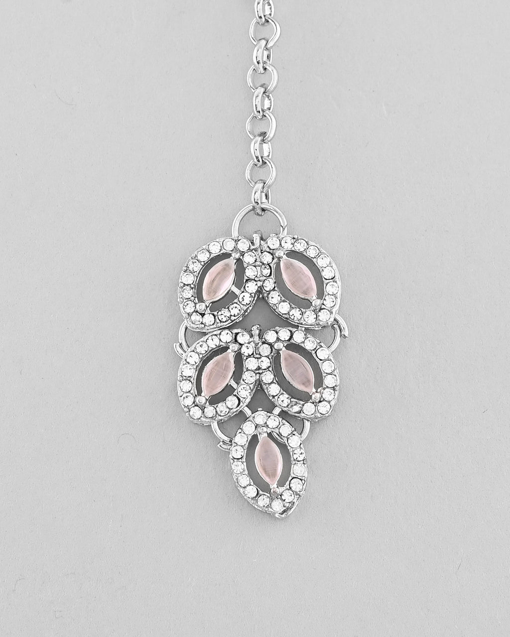 VOJ Silver Plated Baby Pink AD Stone Studded Designer Jewellery Set With Mangtikka