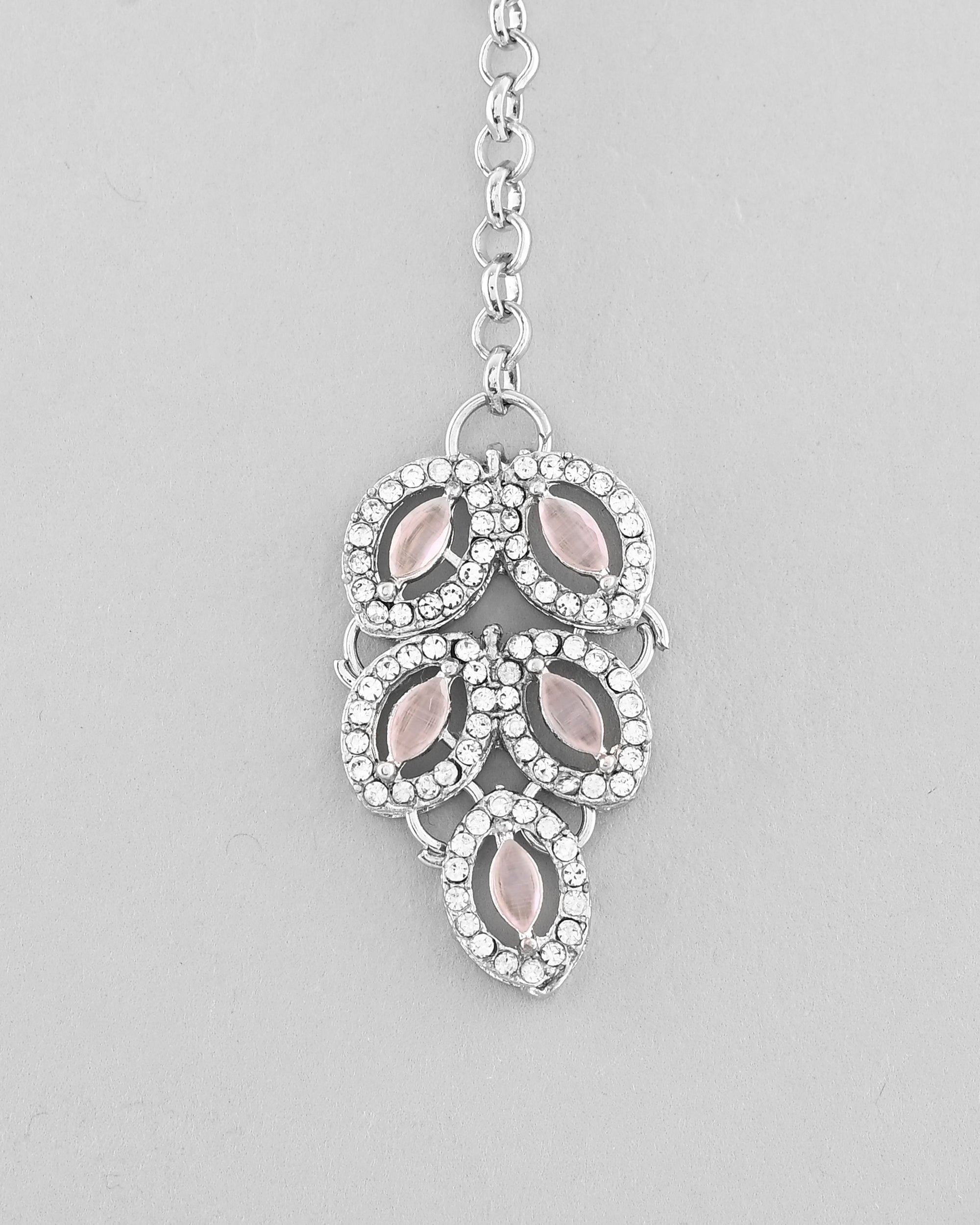VOJ Silver Plated Baby Pink AD Stone Studded Designer Jewellery Set With Mangtikka