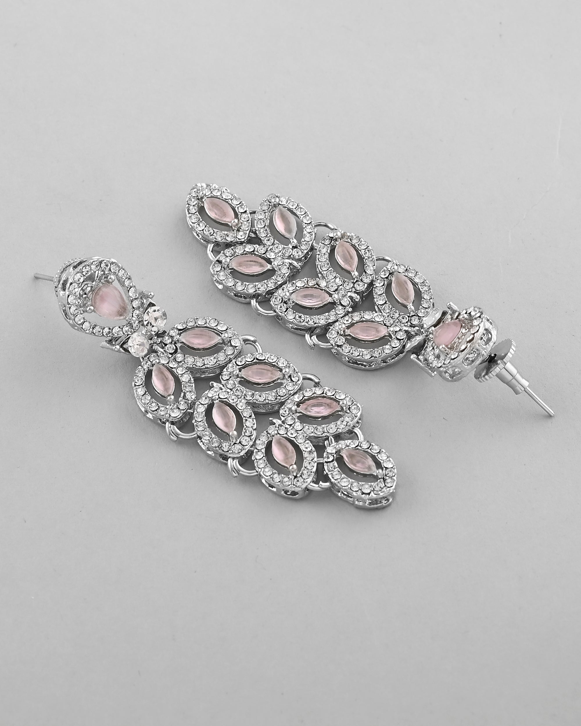 VOJ Silver Plated Baby Pink AD Stone Studded Designer Jewellery Set With Mangtikka