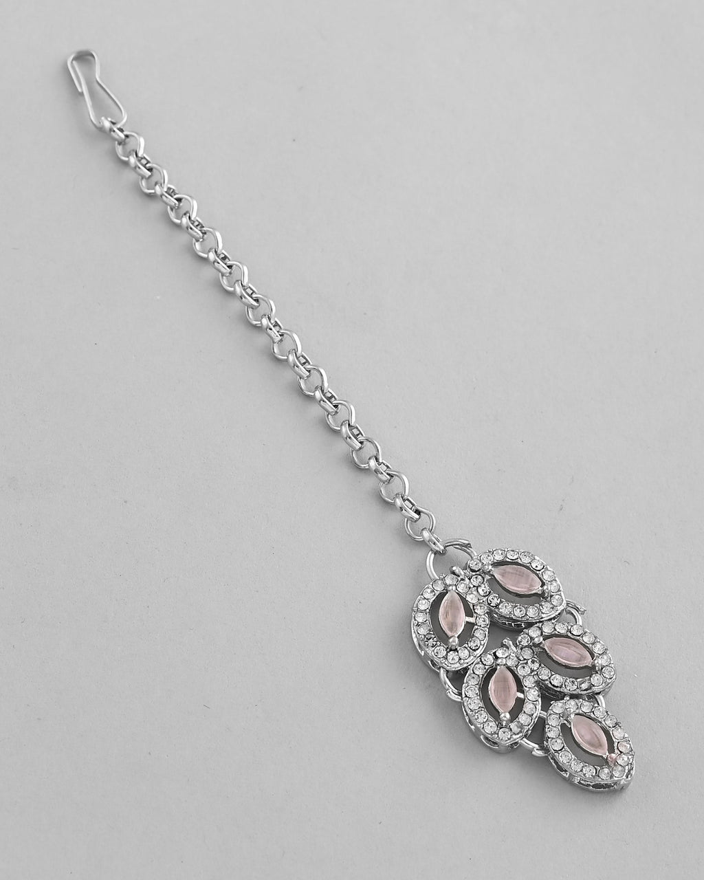 VOJ Silver Plated Baby Pink AD Stone Studded Designer Jewellery Set With Mangtikka