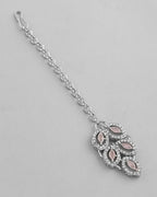 VOJ Silver Plated Baby Pink AD Stone Studded Designer Jewellery Set With Mangtikka