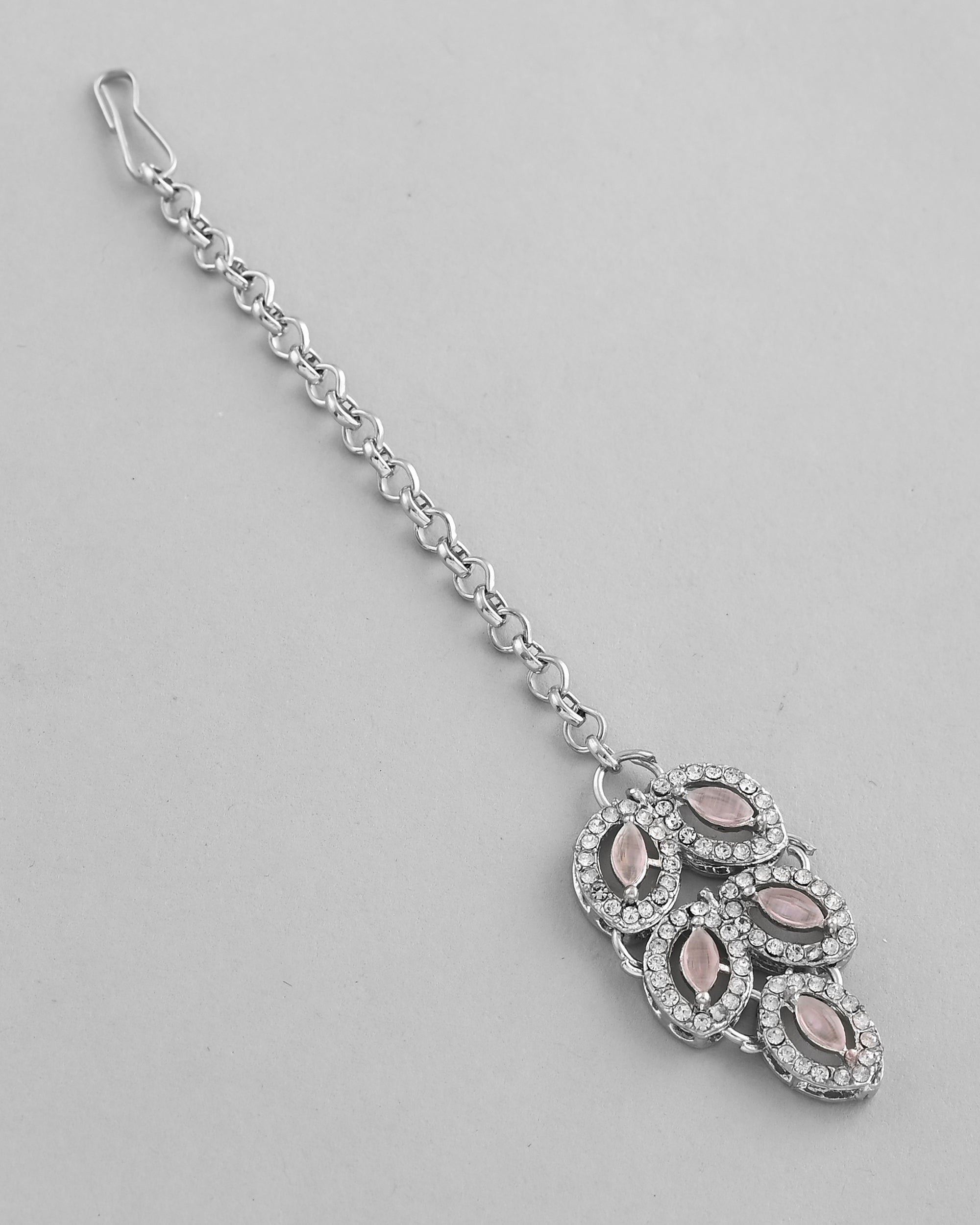 VOJ Silver Plated Baby Pink AD Stone Studded Designer Jewellery Set With Mangtikka