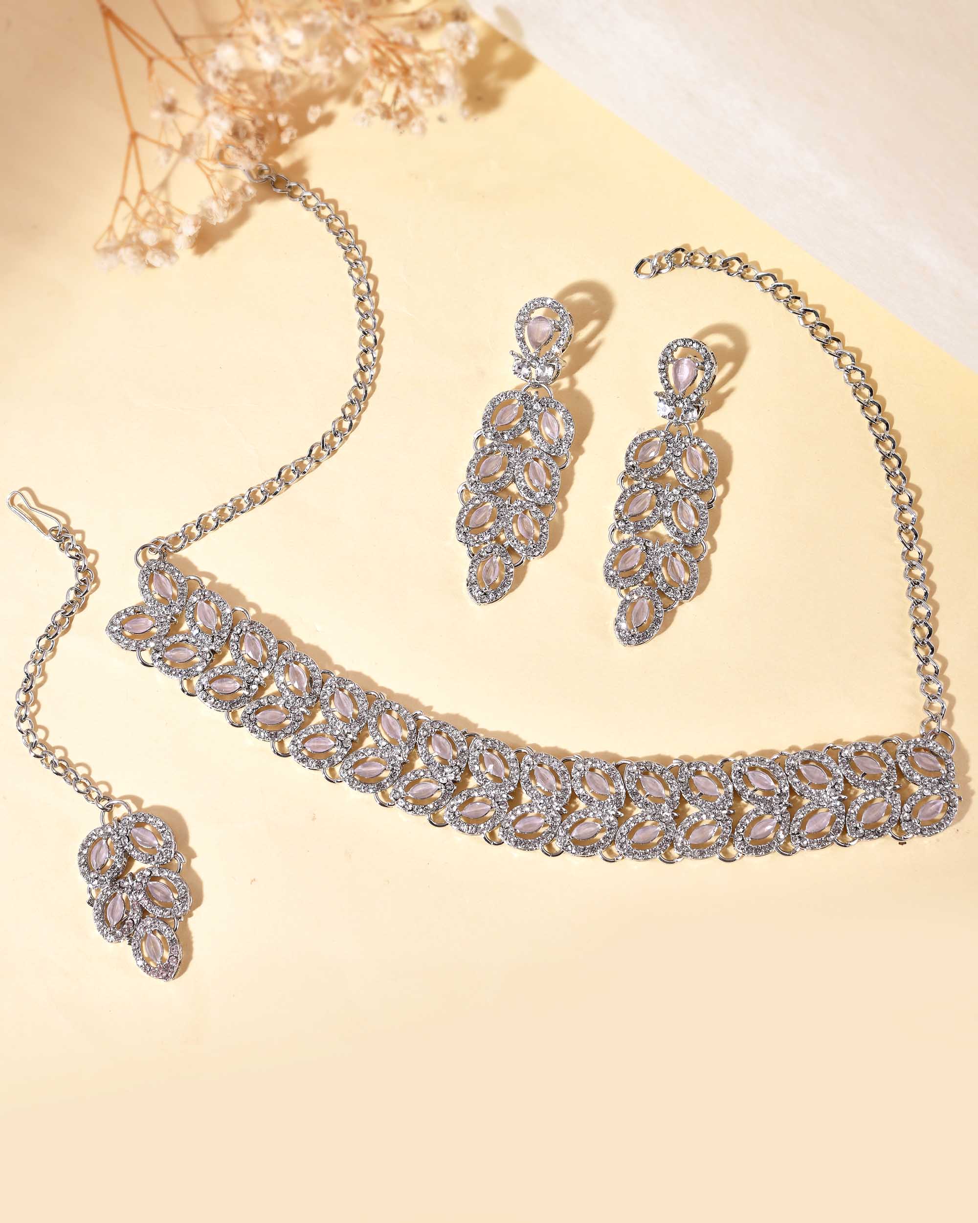 VOJ Silver Plated Baby Pink AD Stone Studded Designer Jewellery Set With Mangtikka