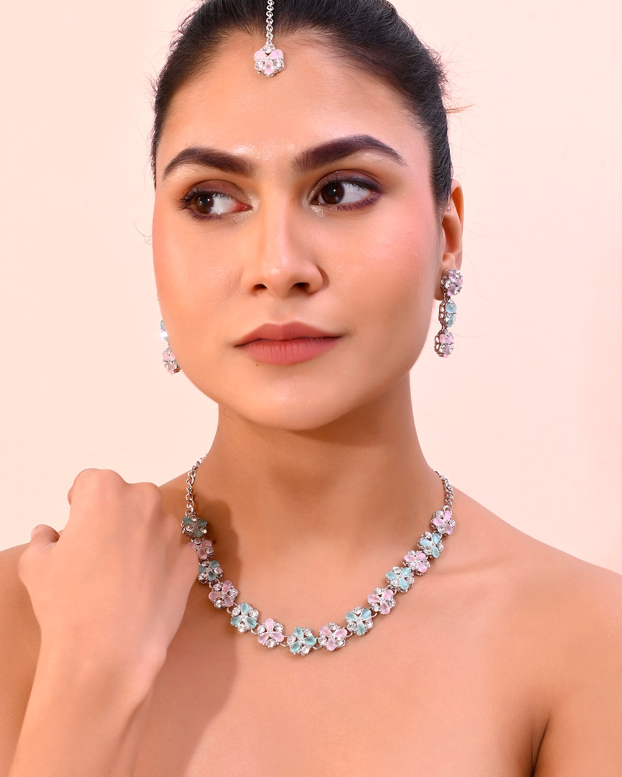 VOJ Silver Plated AD With Nude Green And Light Pink Flower Jewellery Set With Mangtikka