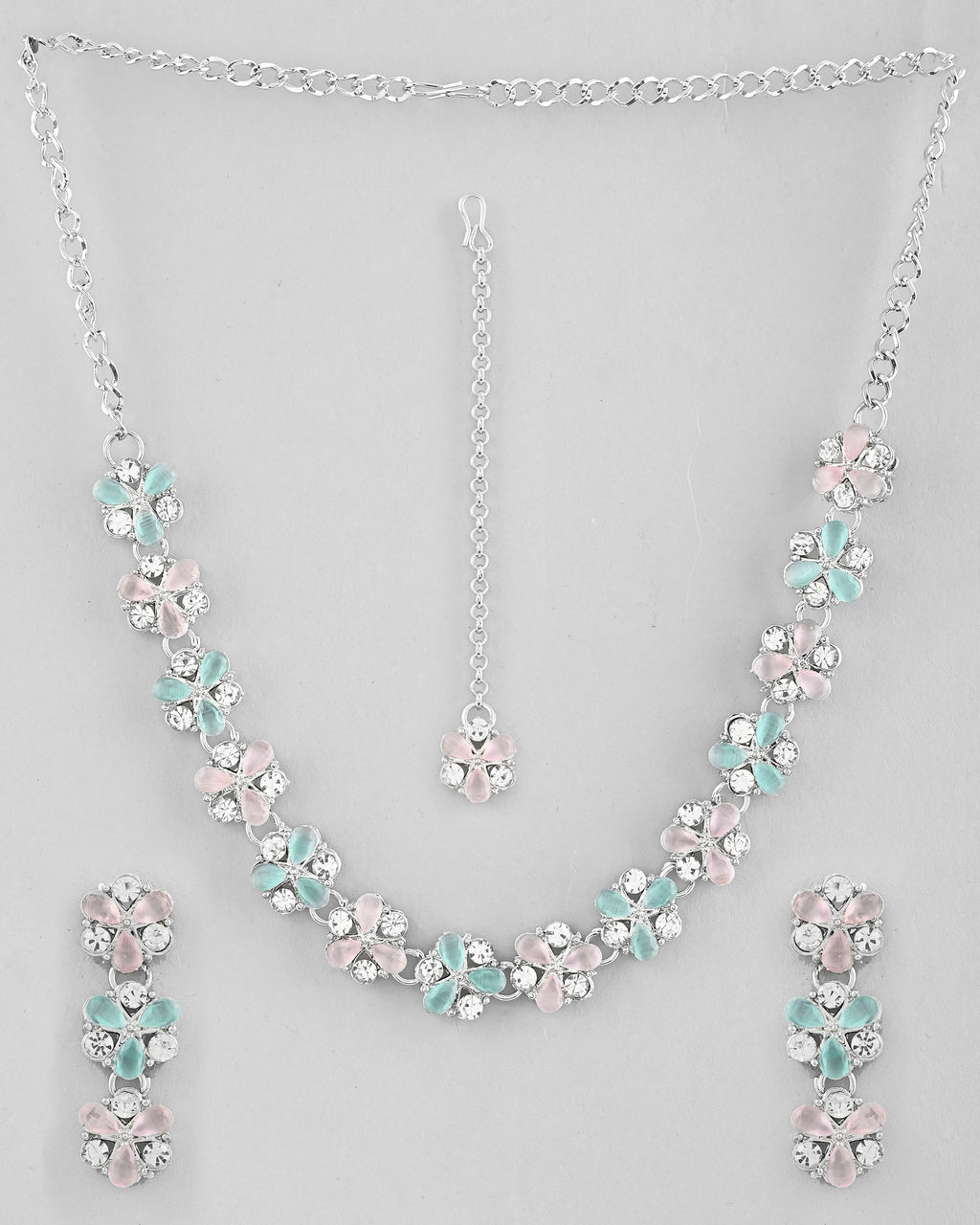 VOJ Silver Plated AD With Nude Green And Light Pink Flower Jewellery Set With Mangtikka
