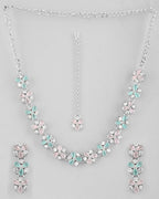 VOJ Silver Plated AD With Nude Green And Light Pink Flower Jewellery Set With Mangtikka