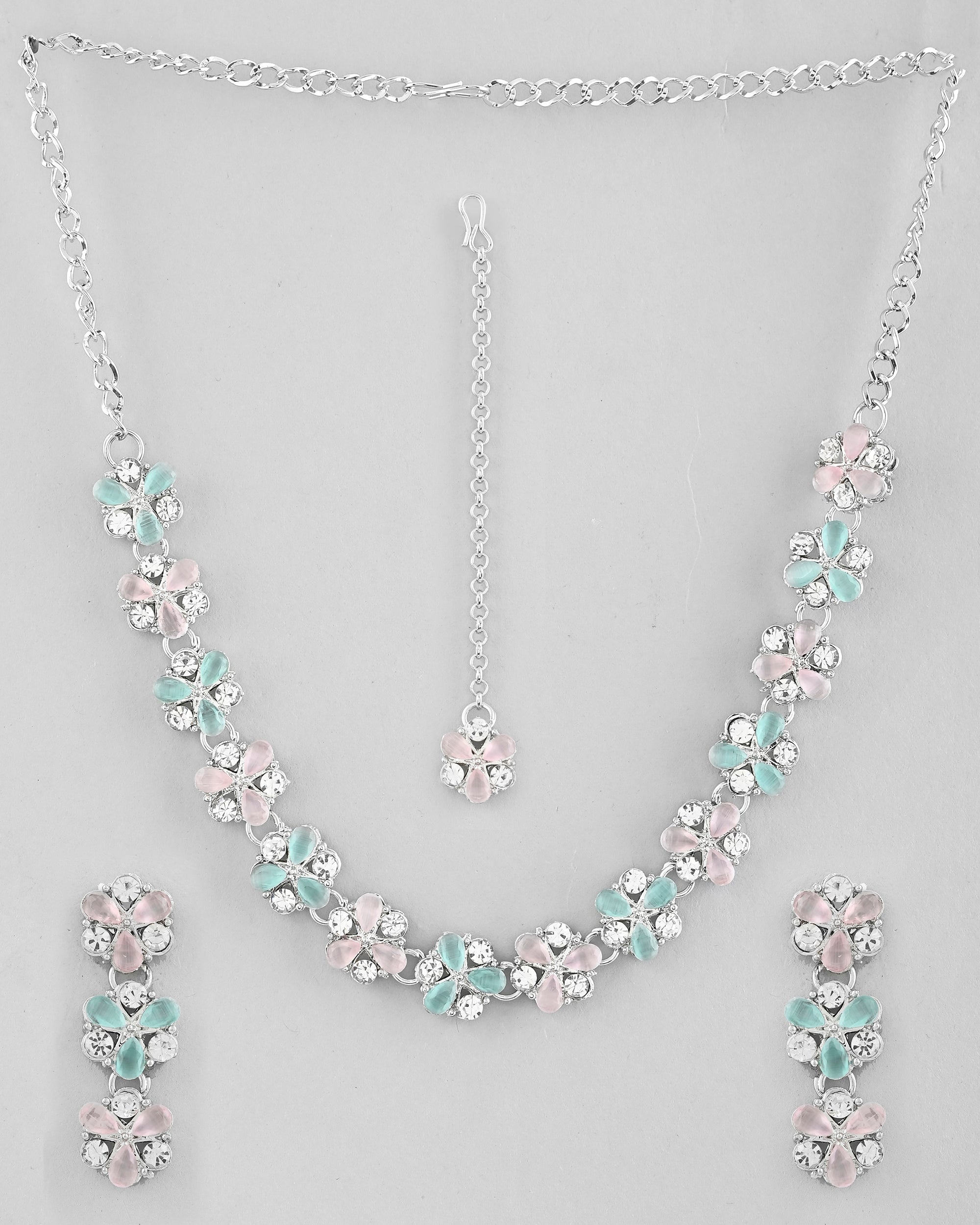 VOJ Silver Plated AD With Nude Green And Light Pink Flower Jewellery Set With Mangtikka