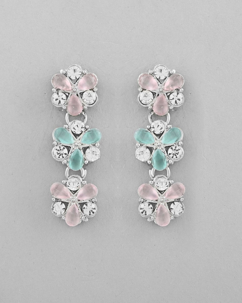 VOJ Silver Plated AD With Nude Green And Light Pink Flower Jewellery Set With Mangtikka