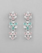 VOJ Silver Plated AD With Nude Green And Light Pink Flower Jewellery Set With Mangtikka