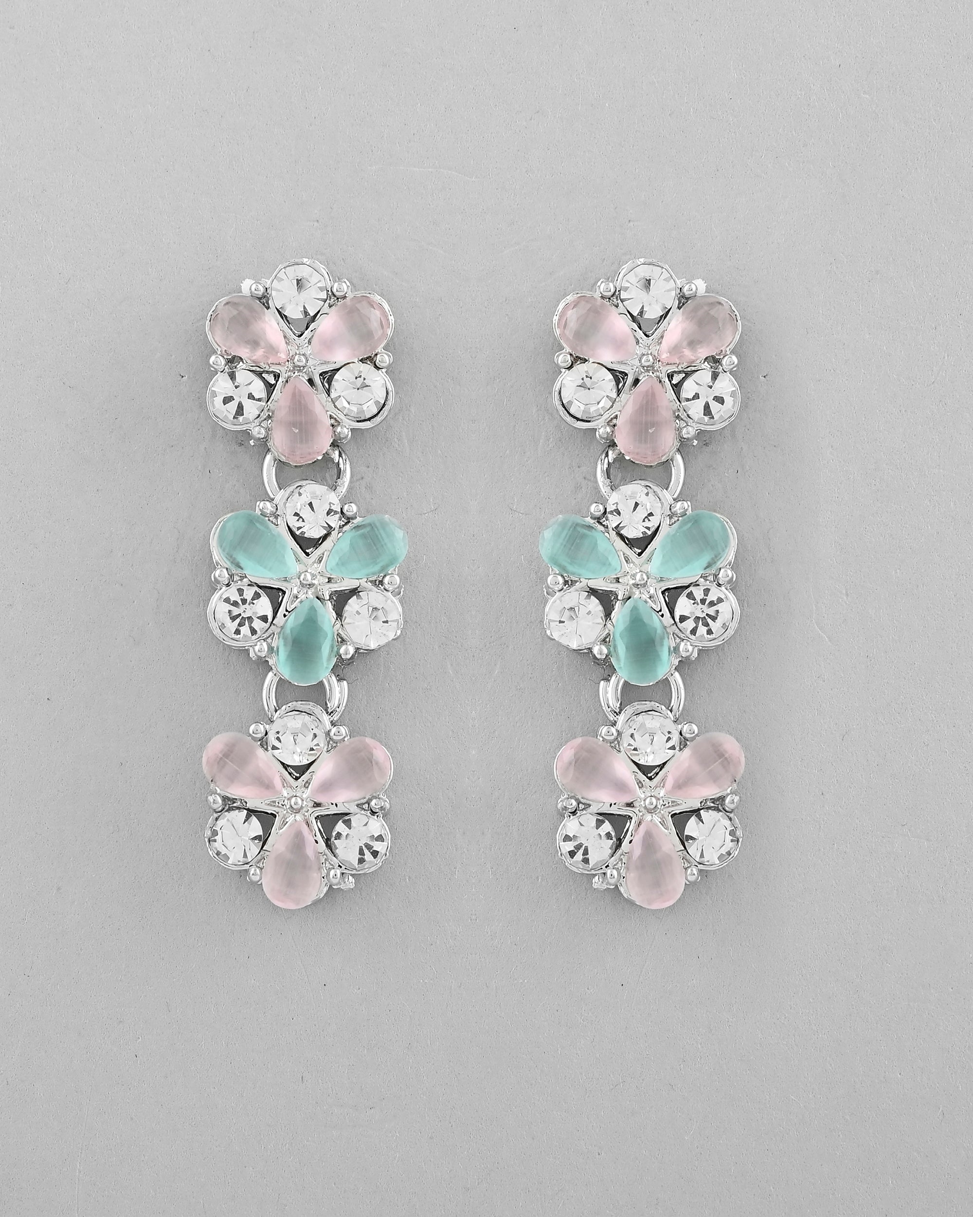 VOJ Silver Plated AD With Nude Green And Light Pink Flower Jewellery Set With Mangtikka