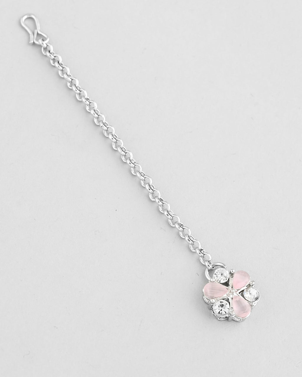 VOJ Silver Plated AD With Nude Green And Light Pink Flower Jewellery Set With Mangtikka