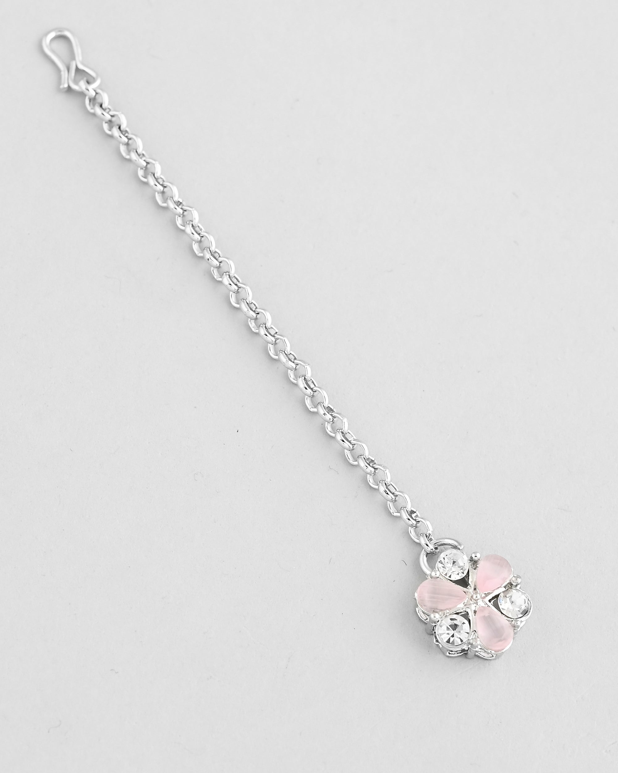 VOJ Silver Plated AD With Nude Green And Light Pink Flower Jewellery Set With Mangtikka