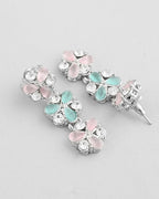 VOJ Silver Plated AD With Nude Green And Light Pink Flower Jewellery Set With Mangtikka