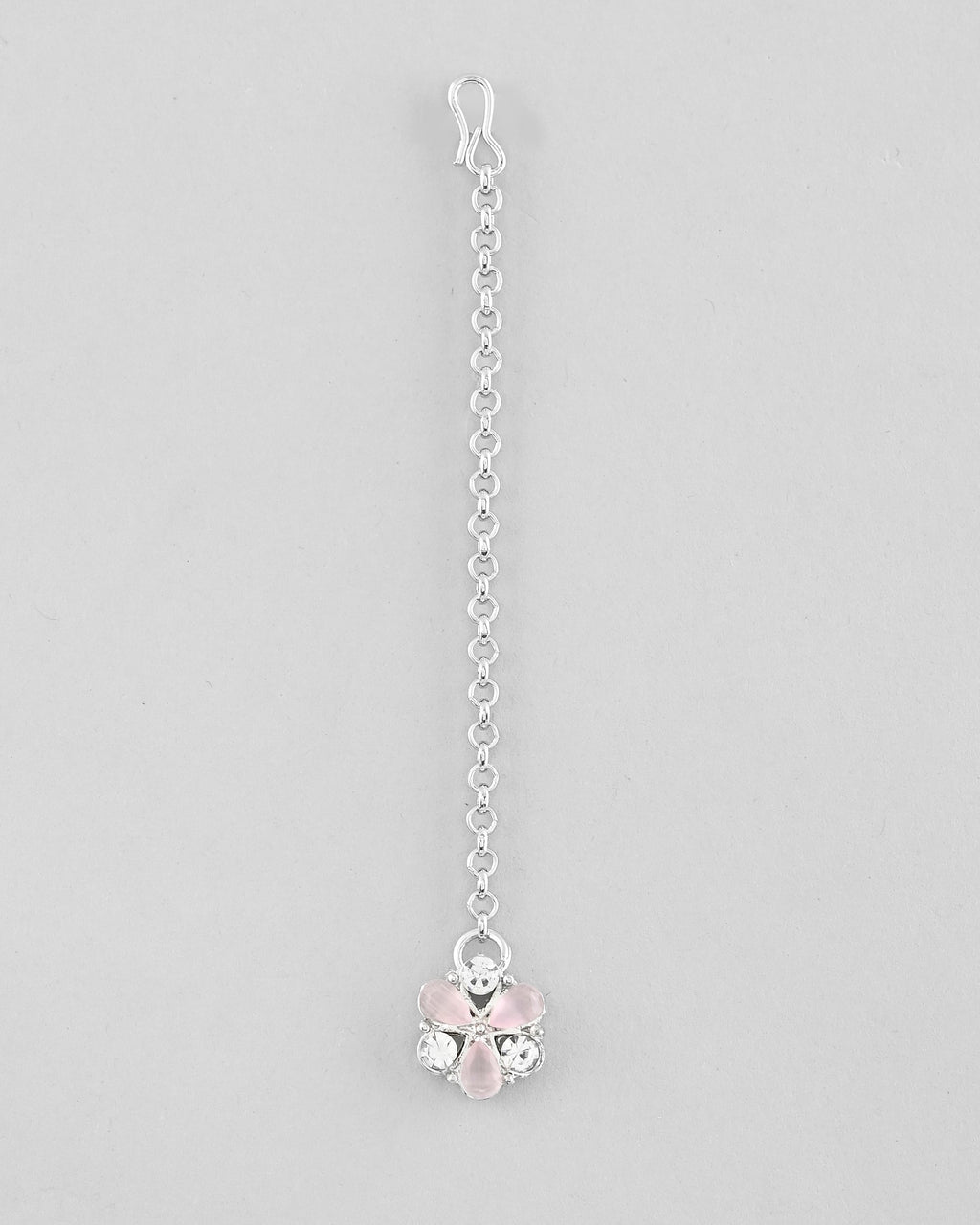 VOJ Silver Plated AD With Nude Green And Light Pink Flower Jewellery Set With Mangtikka