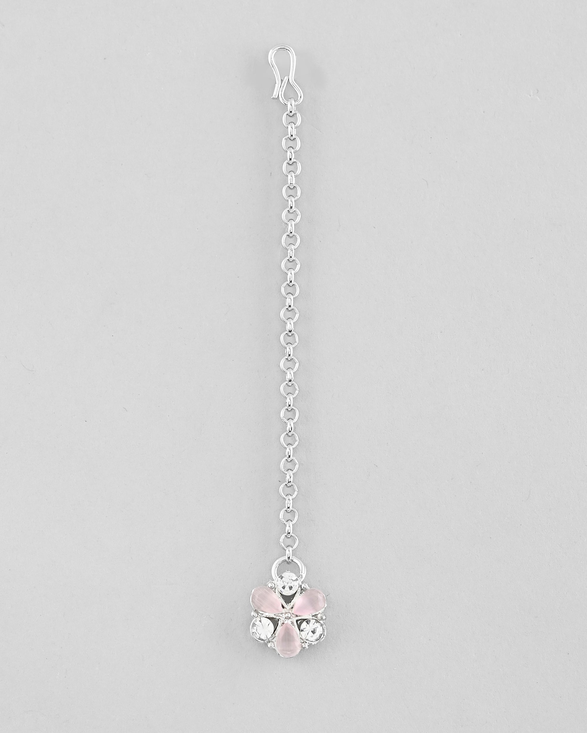 VOJ Silver Plated AD With Nude Green And Light Pink Flower Jewellery Set With Mangtikka
