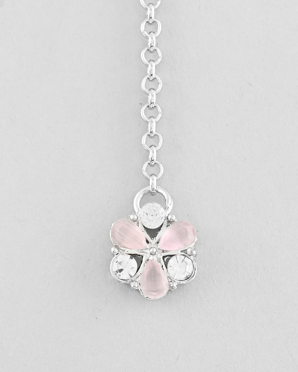 VOJ Silver Plated AD With Nude Green And Light Pink Flower Jewellery Set With Mangtikka