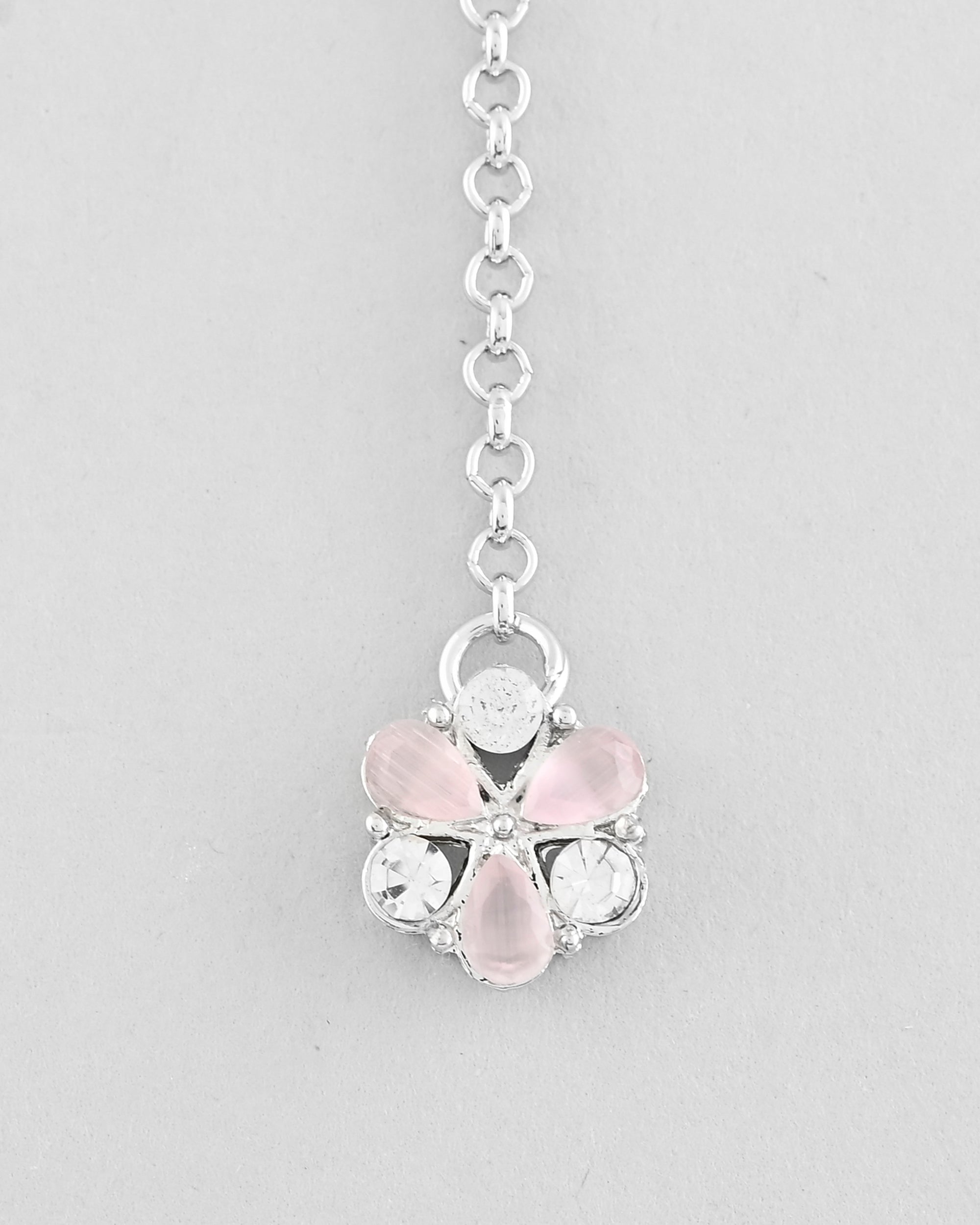 VOJ Silver Plated AD With Nude Green And Light Pink Flower Jewellery Set With Mangtikka