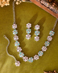 VOJ Silver Plated AD With Nude Green And Light Pink Flower Jewellery Set With Mangtikka