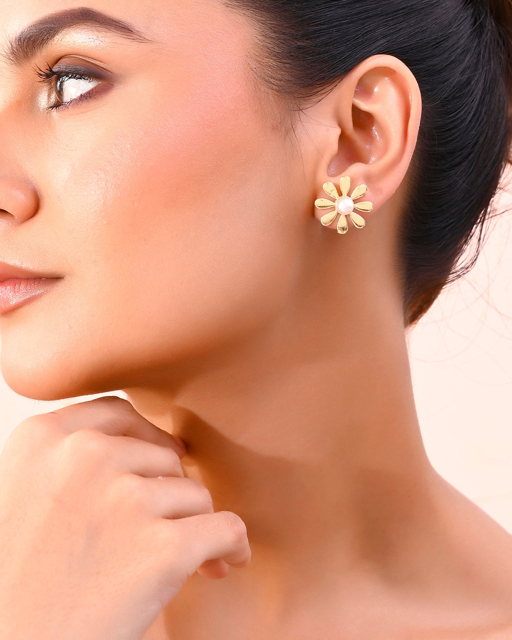 VOJ Gold-Polished Flower Shaped Pearl Stud Earrings - Distacart