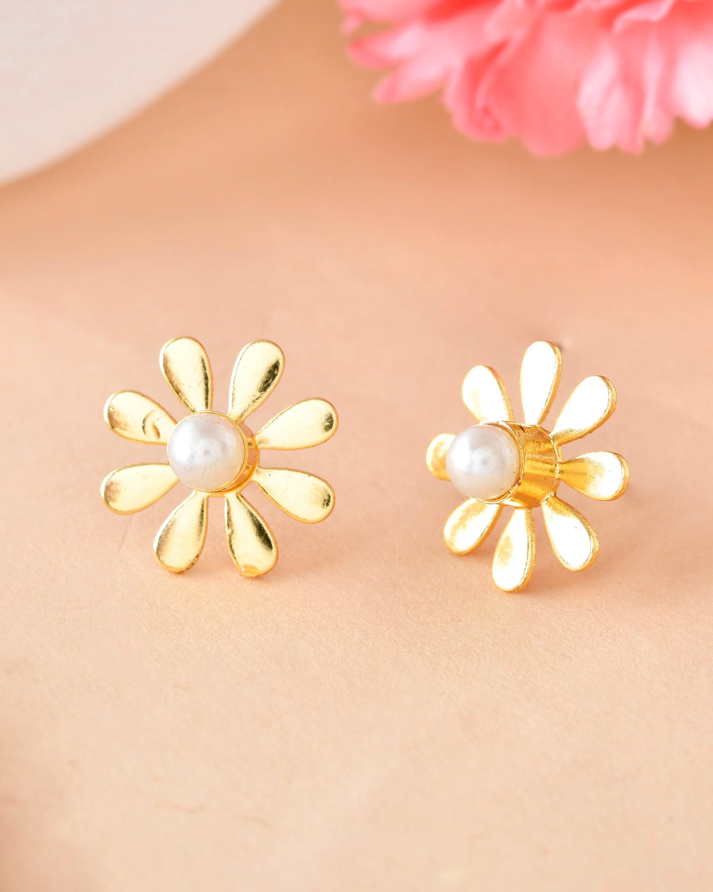 VOJ Gold-Polished Flower Shaped Pearl Stud Earrings - Distacart