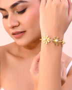 VOJ Gold-Polished with 3 Flower and Pearl Kada Bracelet - Distacart