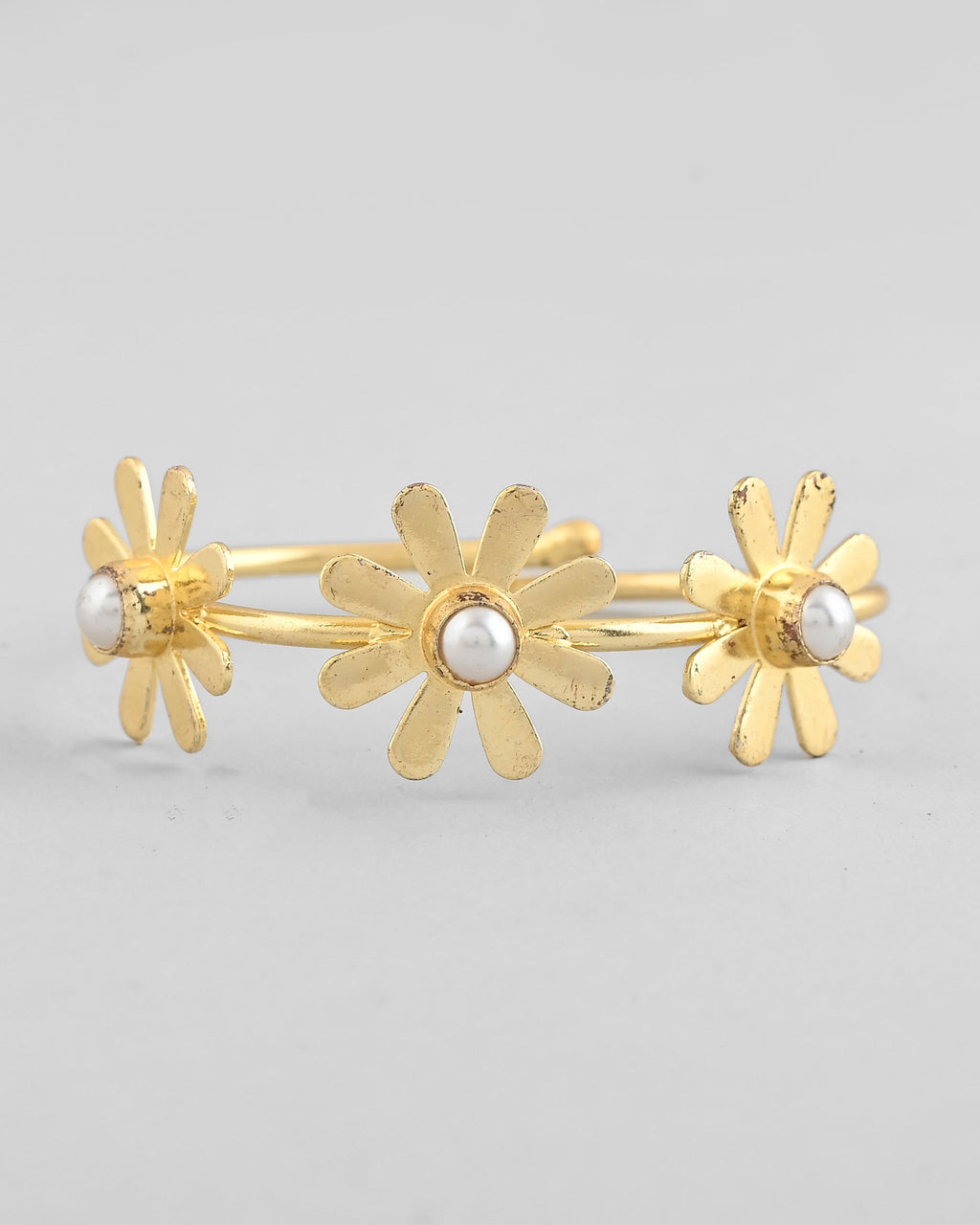 VOJ Gold-Polished with 3 Flower and Pearl Kada Bracelet - Distacart