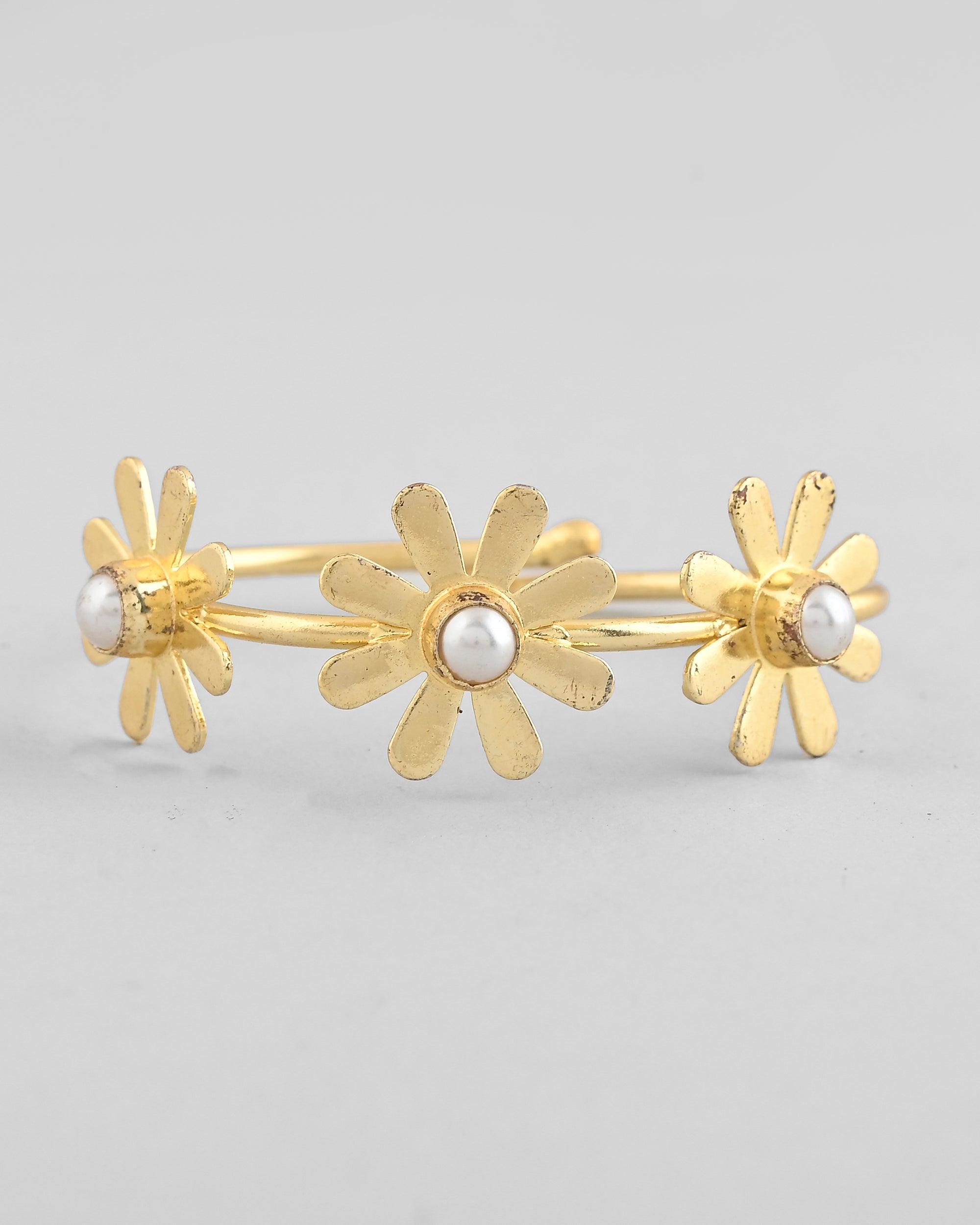 VOJ Gold-Polished with 3 Flower and Pearl Kada Bracelet - Distacart