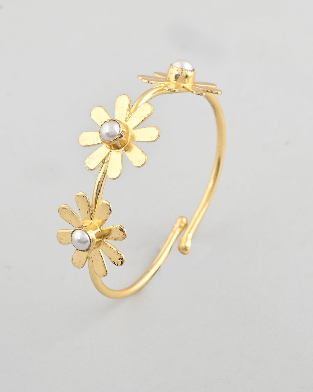 VOJ Gold-Polished with 3 Flower and Pearl Kada Bracelet - Distacart