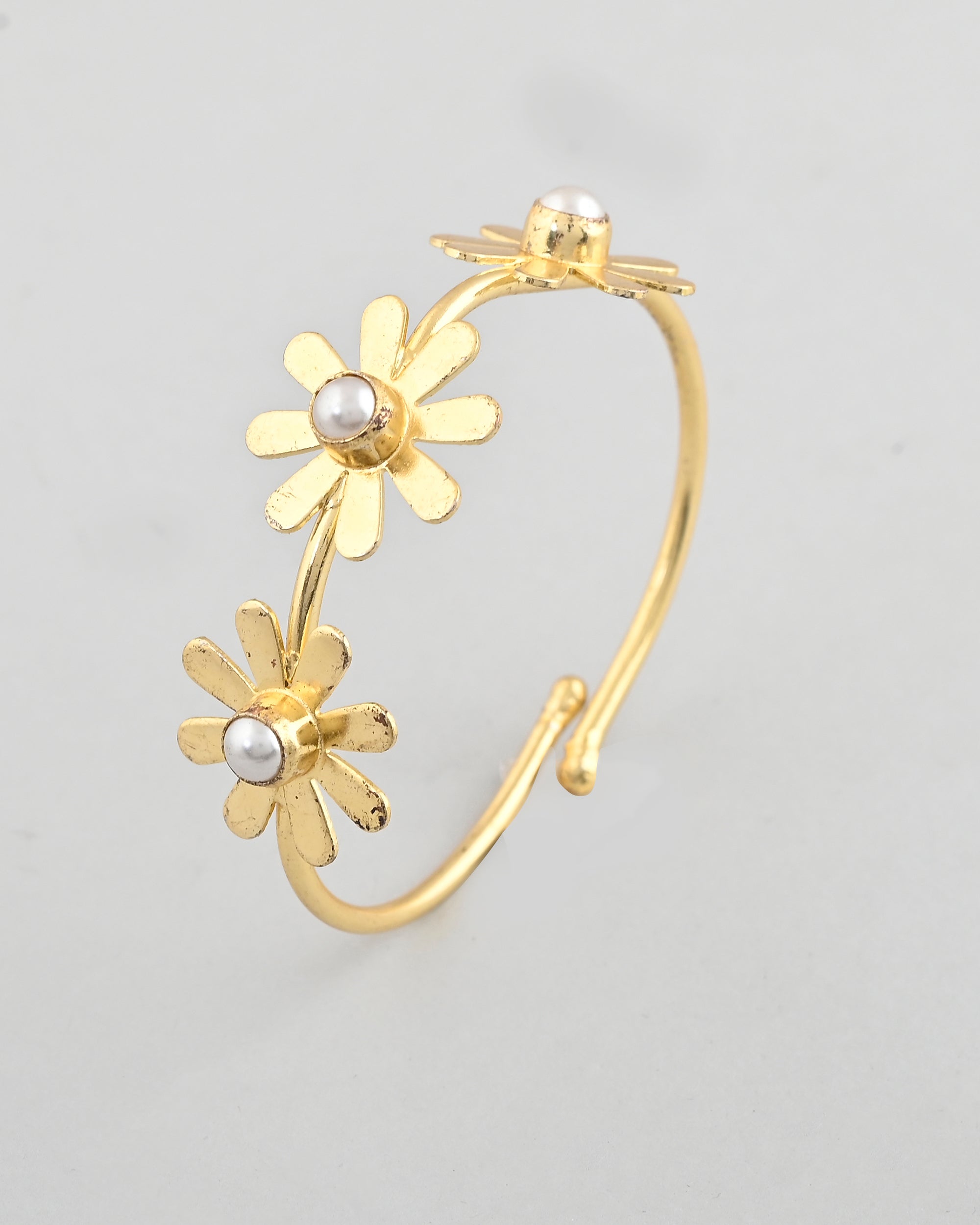 VOJ Gold-Polished with 3 Flower and Pearl Kada Bracelet - Distacart