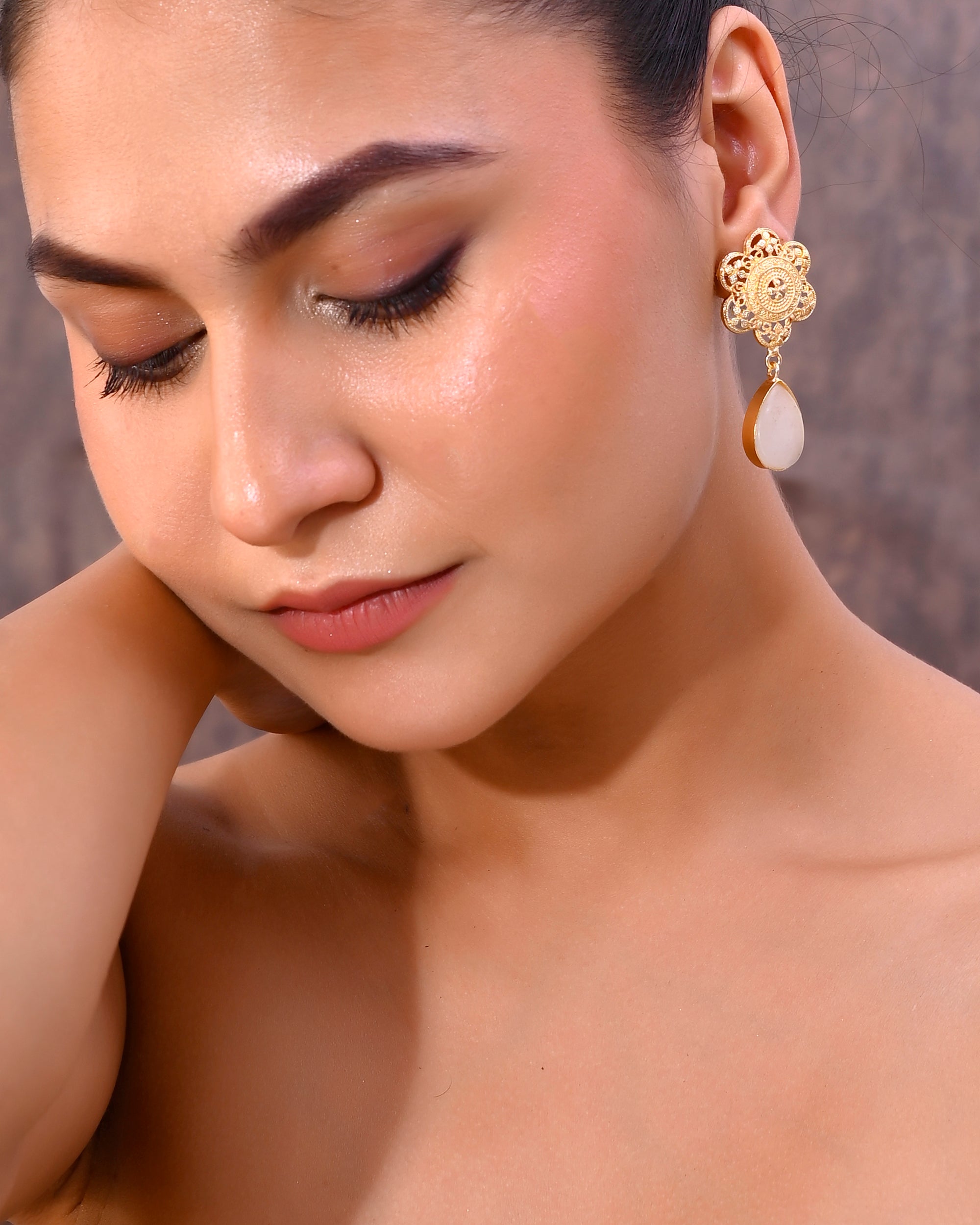 VOJ Gold-Polished Flower Shaped Stone Studded Drop Earrings - Distacart