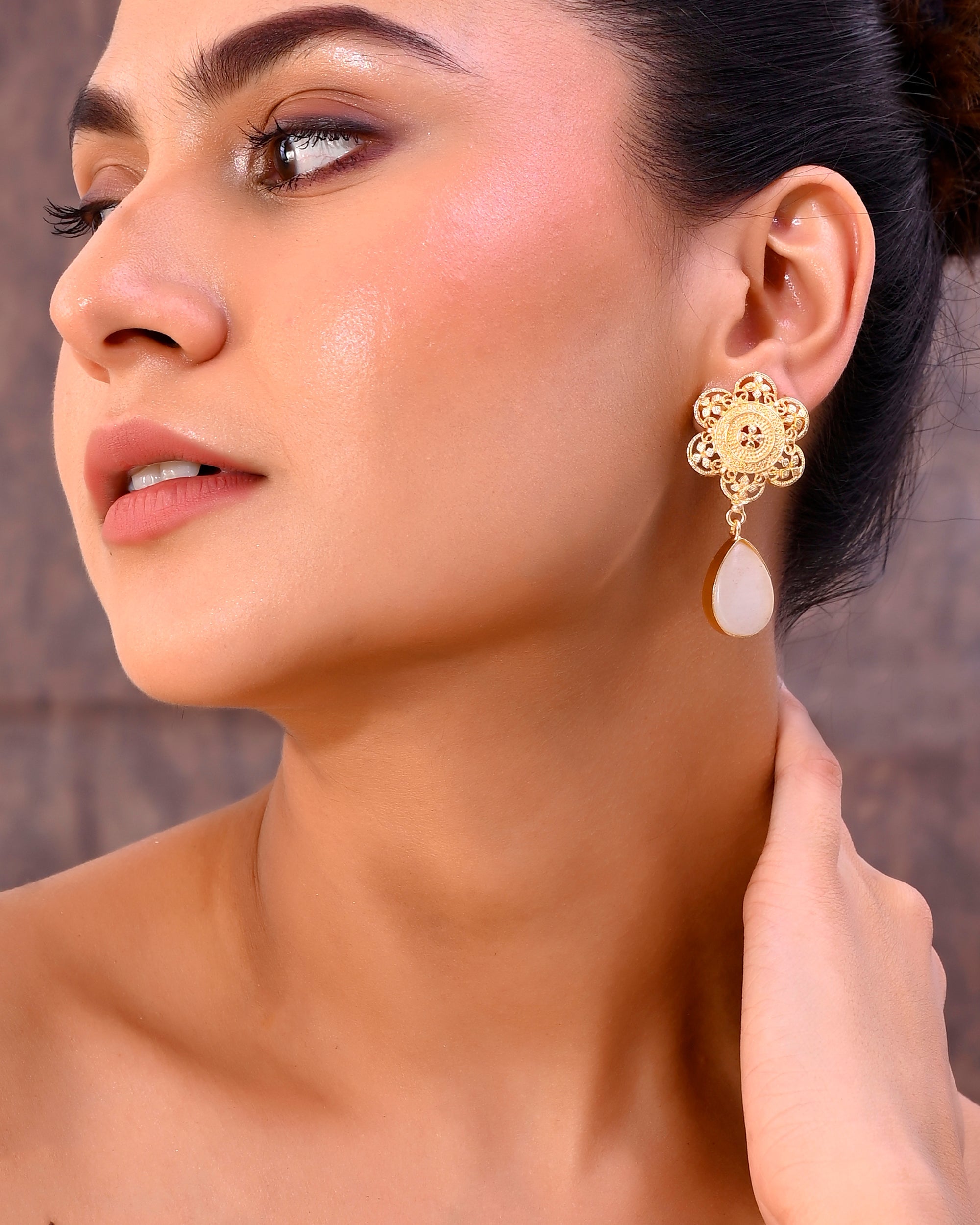 VOJ Gold-Polished Flower Shaped Stone Studded Drop Earrings - Distacart