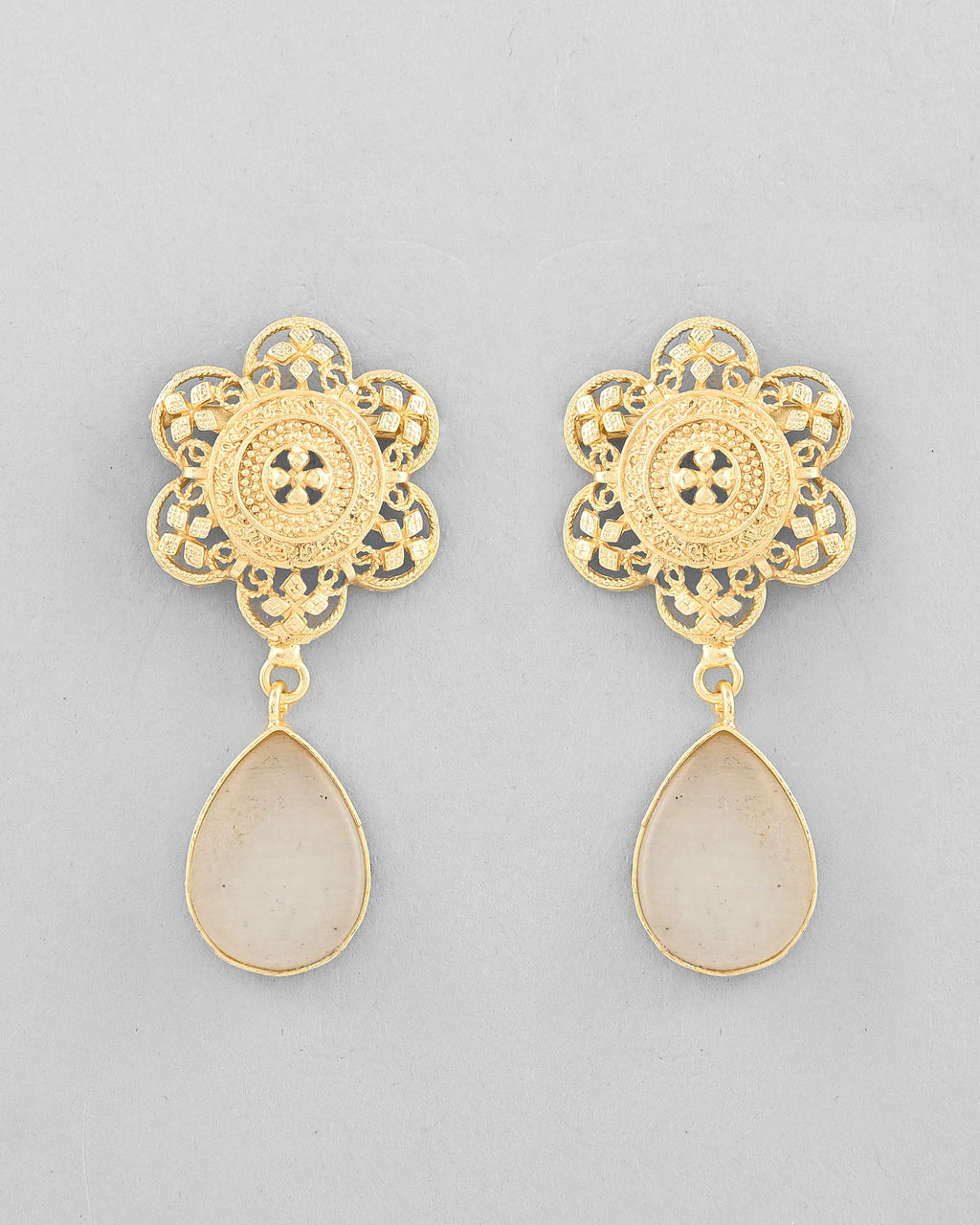 VOJ Gold-Polished Flower Shaped Stone Studded Drop Earrings - Distacart