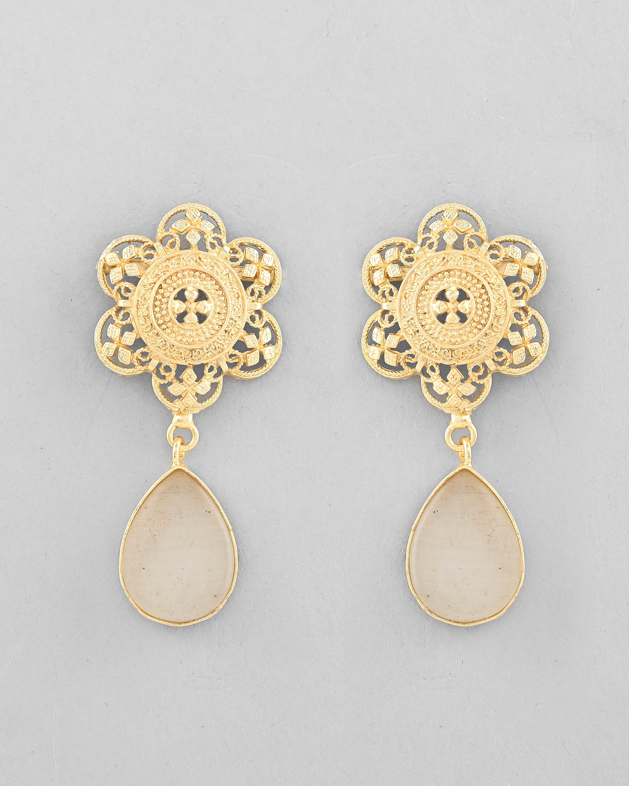 VOJ Gold-Polished Flower Shaped Stone Studded Drop Earrings - Distacart