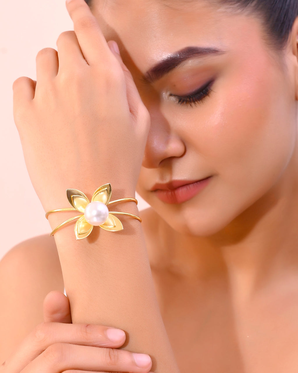VOJ Gold-Polished Flower Shaped With Pearl In Center Kada Bracelet - Distacart