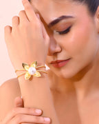 VOJ Gold-Polished Flower Shaped With Pearl In Center Kada Bracelet - Distacart
